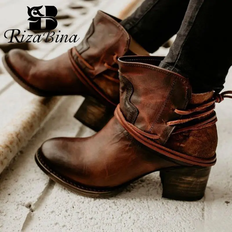 

RIZABINA British Style Ankle Boots For Women Lace Up Round Toe Square Heel Shoes Autumn Winter Daily Women Footwear Size 35-43