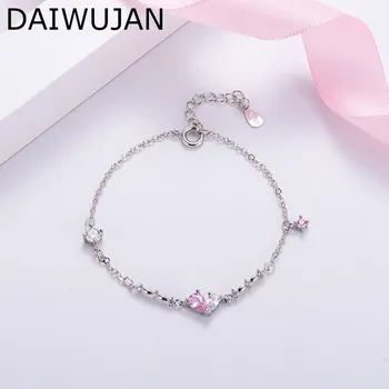 

DAIWUJAN Korean Cute Asymmetrical Crystal Love Heart Chain Bracelets INS 925 Sterling Silver Bracelet For Women Wedding Jewelry