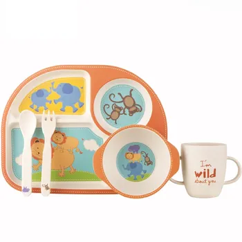 

Bamboo Dinnerware Set For Kids 5Pcs Divided Plate Bowl Cup Spoon Fork Baby Tableware Toddler Plate Bamboo Dishes Non-Toxic