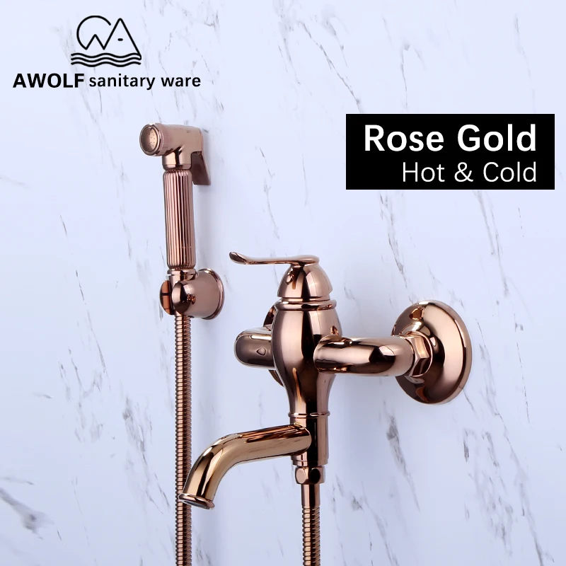 

Hand Held Bidet Sprayer Rose Gold Hot And Cold Mixer Valve Faucet Solid Brass Douche Kit Toilet Shattaf Shower Polishing AP2195