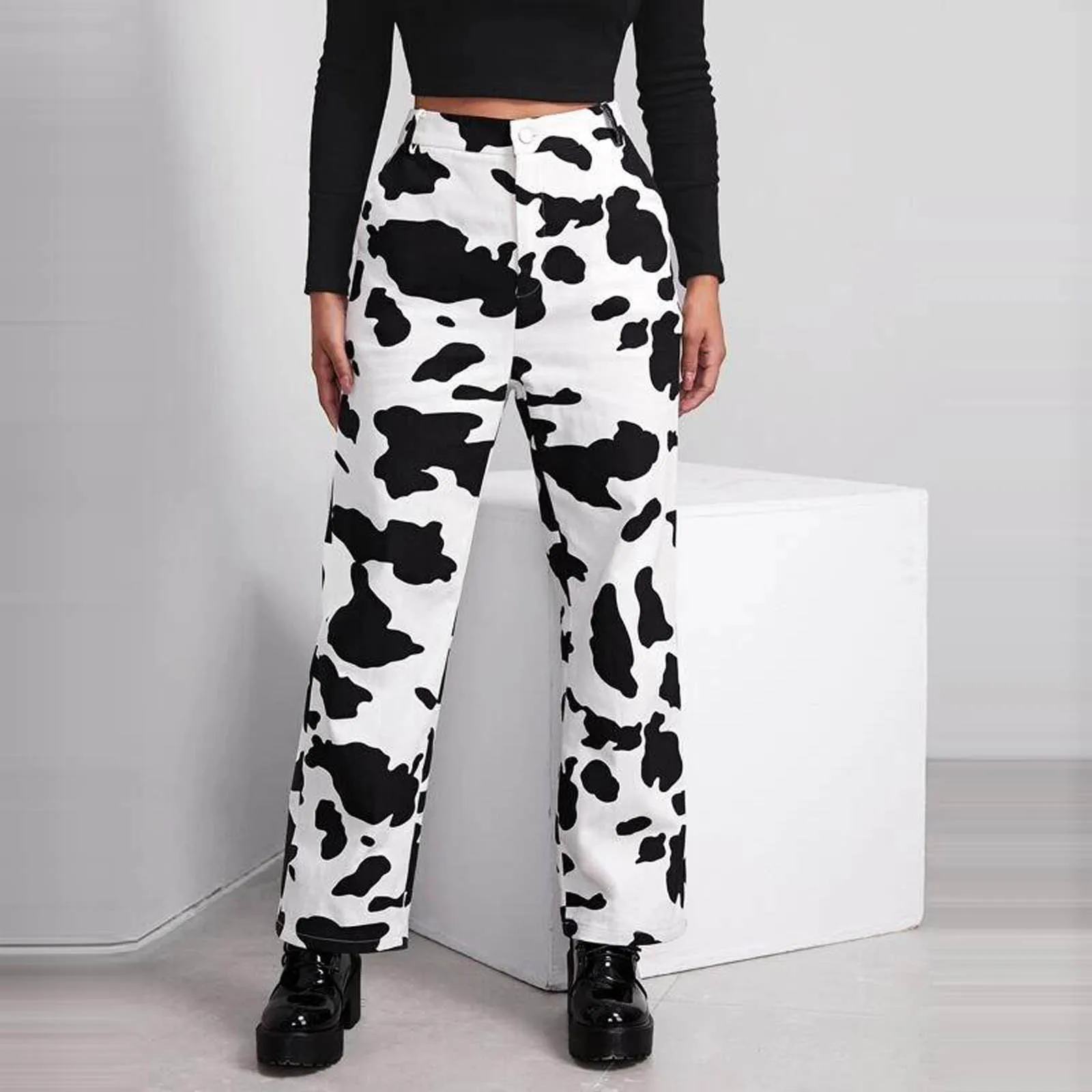 2021 verano Vintage vaqueros de Mujer Pantalones largos pantalones de vaquero mujer ropa informal suelta estampado de vaca de bolsillo de cintura alta, pierna ancha Pantalones