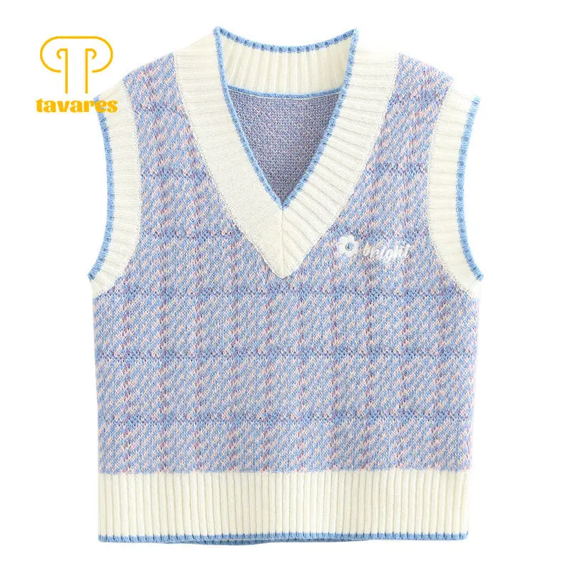 

TAVARES Sweater Vest Autumn Winter Clothes Women V-Neck Pullover Knitwear Argyle Knitted Sweater Vintage Top Japanese Streetwear