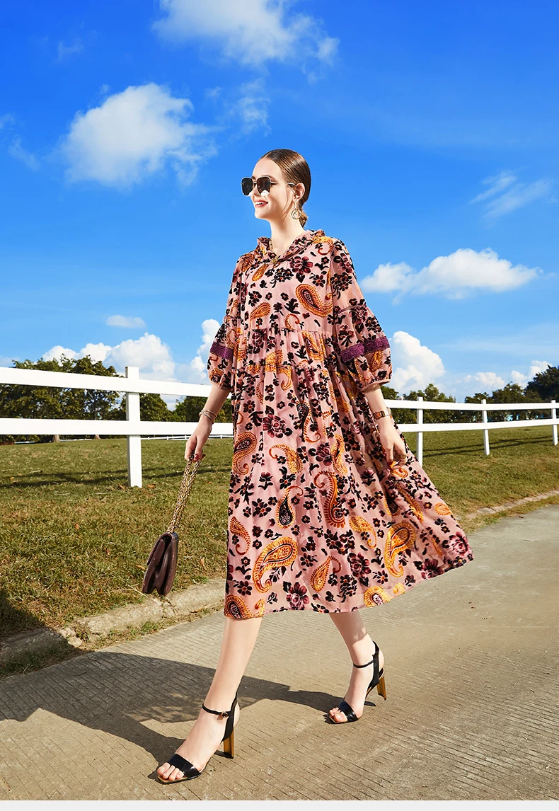 Flocking Flower Hooded Dress Female New Autumn