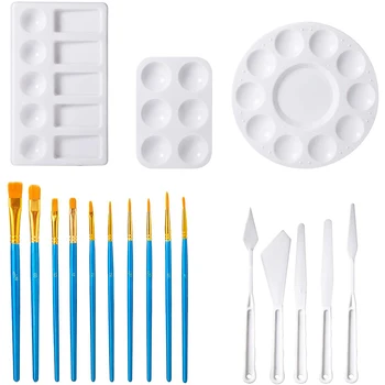 

18 Pcs Art Painting Sets Palette Set with 10 Brushes 3 Pallets and 5 Knives Beginner Paint Kits for Kids Students