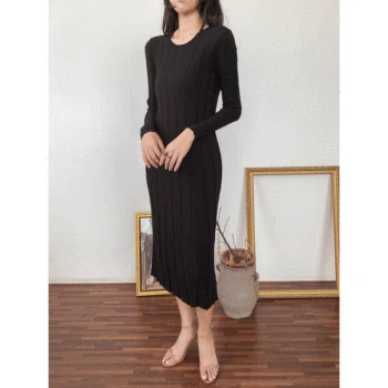 

Women Dress 2019 Early Autumn Straight Sleeve Long Sleeve Slim Knit Dress Two Colors