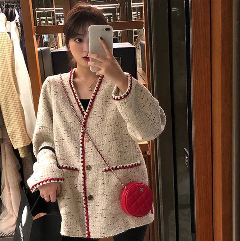 

Fashion Designer Fashion Week 2019 Autumn Women Tweed Jacket Coat Grace Women Long Sleeves Single-breasted Loose Coat