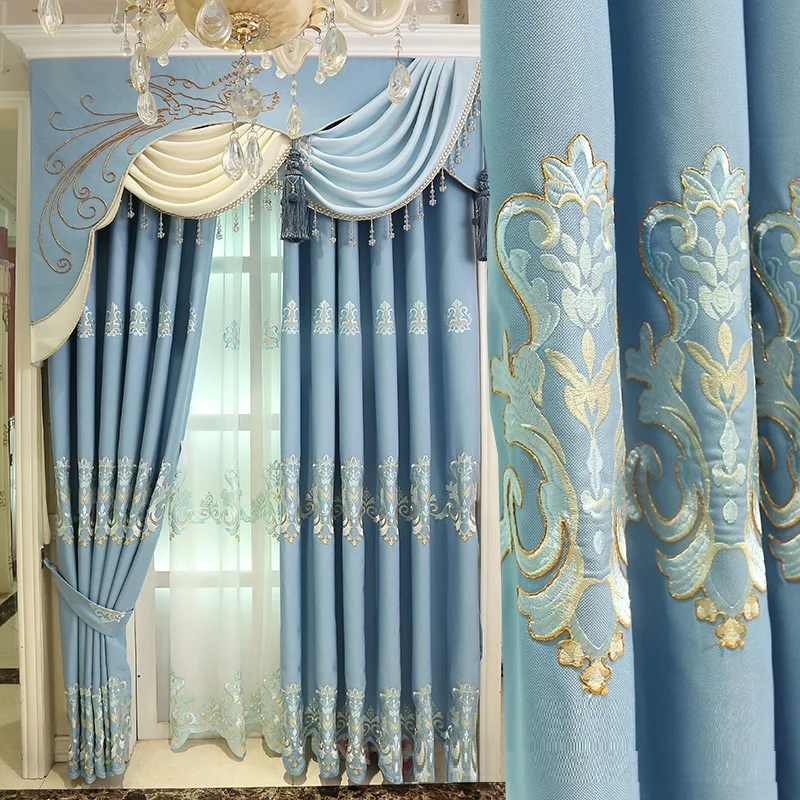 

French window cotton linen embroidered cloth Nordic style living room balcony finished curtain blue new Mediterranean