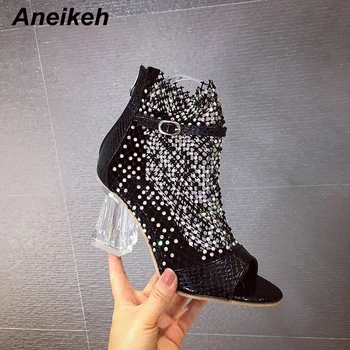 

Aneikeh Fashion Glitter Mesh Sandals Ankle Boots Shoes Woman Perspex Hoof Heels Chelsea Riding, Equestrian Botas mujer invierno