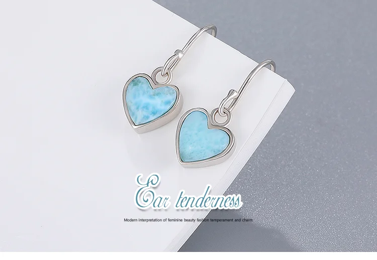 2021 Simple Fashion LOVE Geometric Charm 925 Sterling Silver Jewelry Gift Classic Natural Precious Larimar Earrings for Women