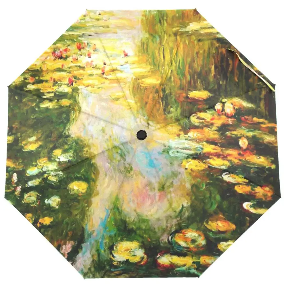 JSTeL Monet Painting防風UV傘Auto Open Close 3折りたたみゴルフStrong Durableコンパクト旅行太陽傘、ポータブル軽量簡単キャリー : JSTEL Monet Painting Windproof UV Umbrellas Auto Open