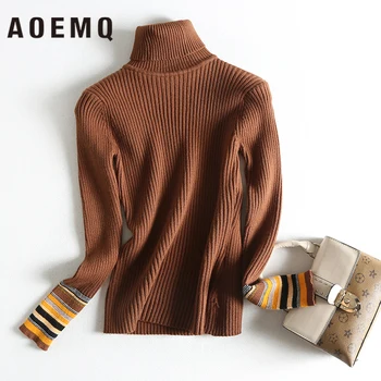 

AOEMQ India Folk Classic Sweaters Turtlenck Collar Slim Sweaters Winter Pullovers Patchwork Pattern Long Sleeve Women Clothing