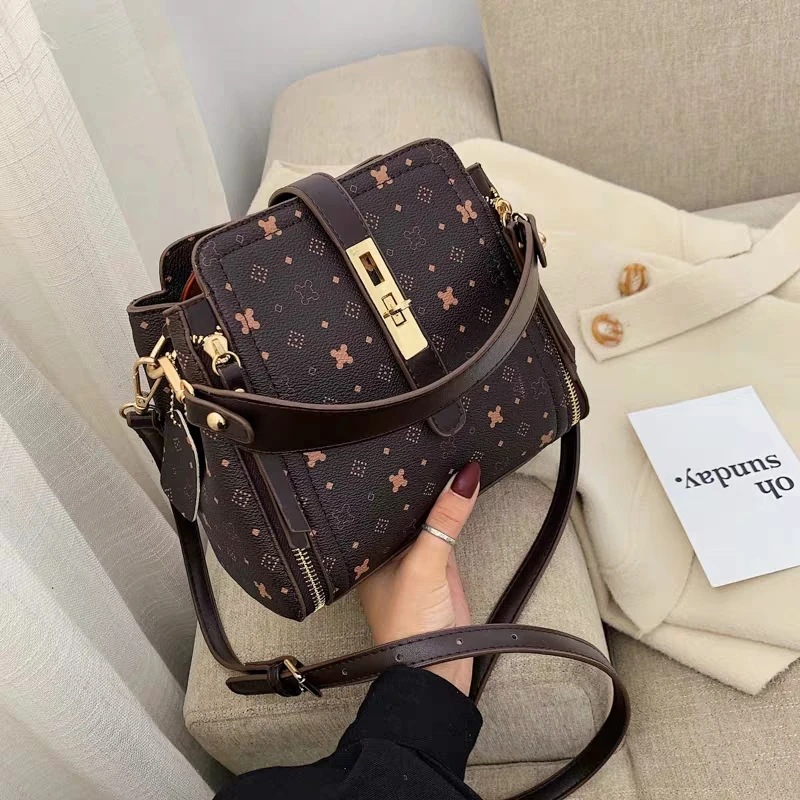 

New Female Messenger Bag Retro Print Shoulder Bag Women's Handbag Designer High Quality PU Leather ladies Bucket Bags Sac a main