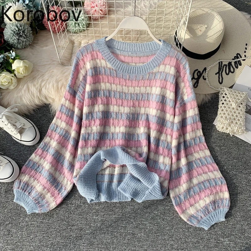 

Korobov 2019 Autumn New Rainbow Knit O Neck Sweater Korean Long Sleeve Striped Patchwork Jumper Femme Fashion Tops 78820