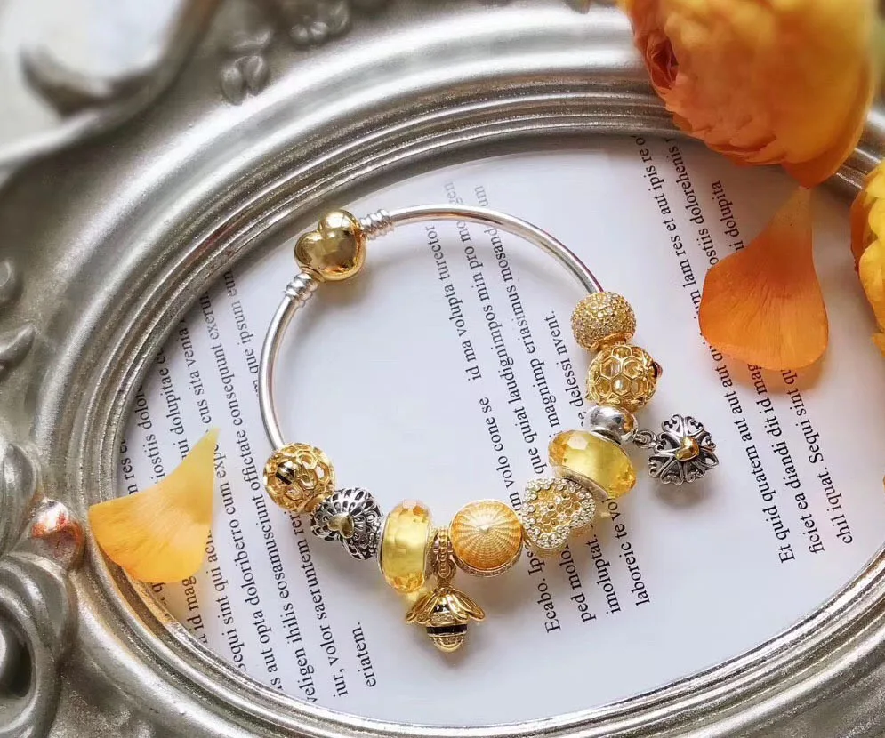 

high quality 1:1 100% 925 pure gold beads love bee design fetter bracelet free