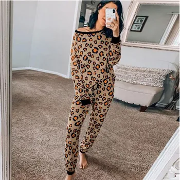 

Pajama Set Spring Autumn Womens Cotton Blend Home Wear Pullover Long Sleeve O Neck Tunic Long Trousers 2 Pcs Leopard Outfits Set