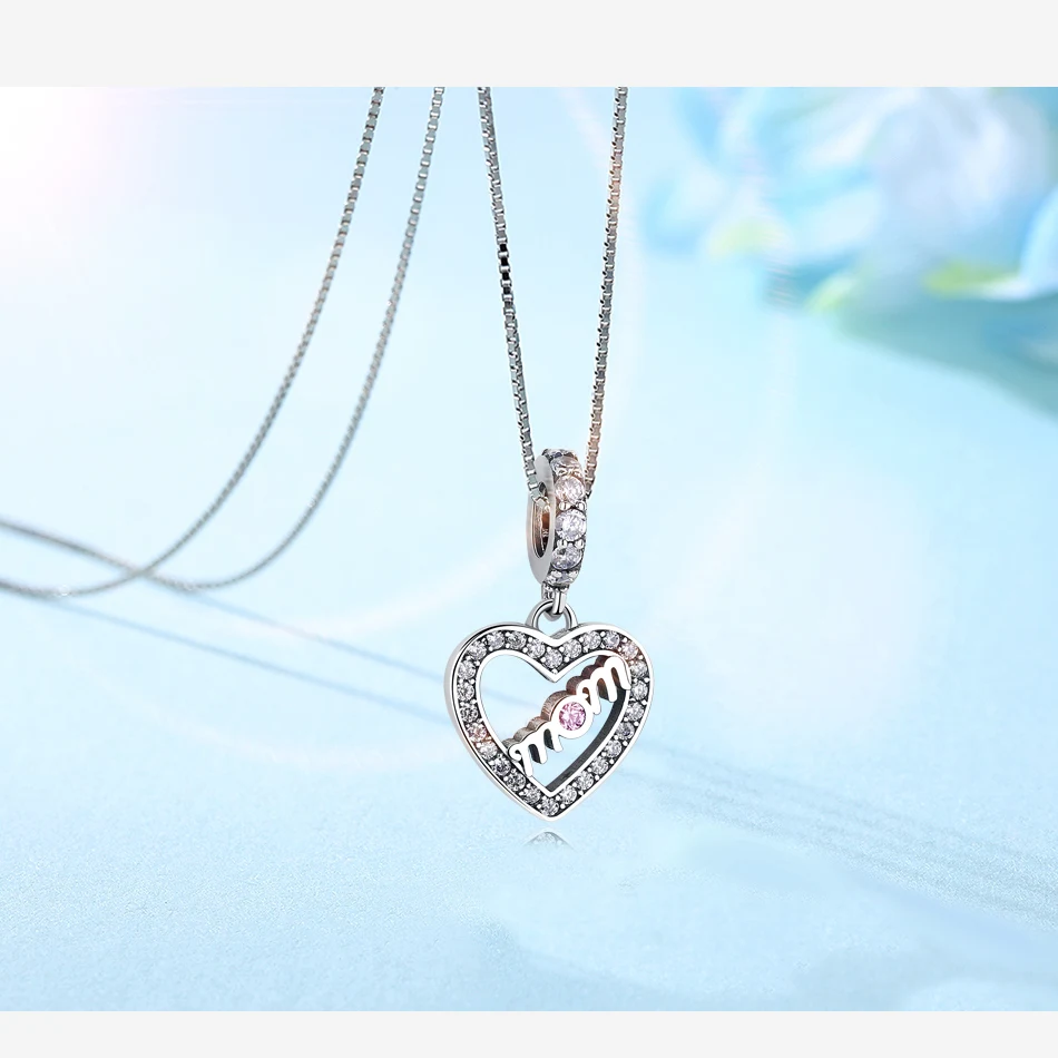 925 стерлингового серебра Mum надписи MOM Love Heart Подвески-шармы Pandora браслет Розовая Подвеска со стразами фианит DIY ювелирные изделия подарок для мамы