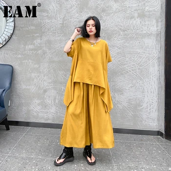 

[EAM] Wide Leg Pants Two Piece Suit New Round Neck Half Sleeve Black Loose Fit Women Fashion Tide Spring Summer 2020 1U367