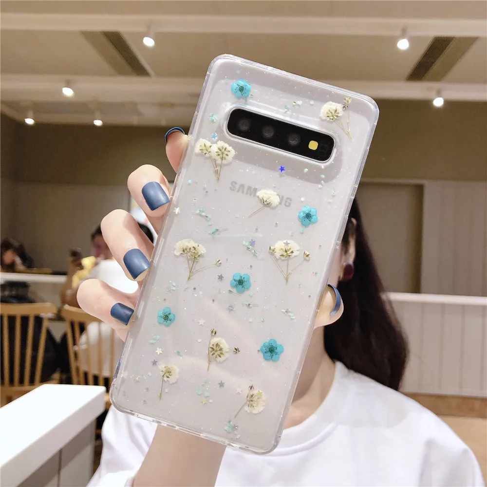 Elegant Real Dried Flower Glitter Soft Clear Phone Case