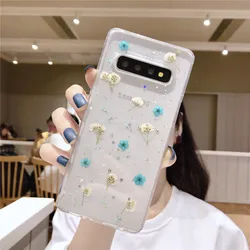 Elegant Real Dried Flower Glitter Soft Clear Phone Case - S20 Ultra (Blue)
