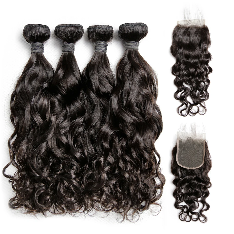 

Aiuxy OneCut Hair Brazilian Human Hair Water Wave Hair 4 Bundles with Closure Unprocessed Virgin Hair bundles with closure
