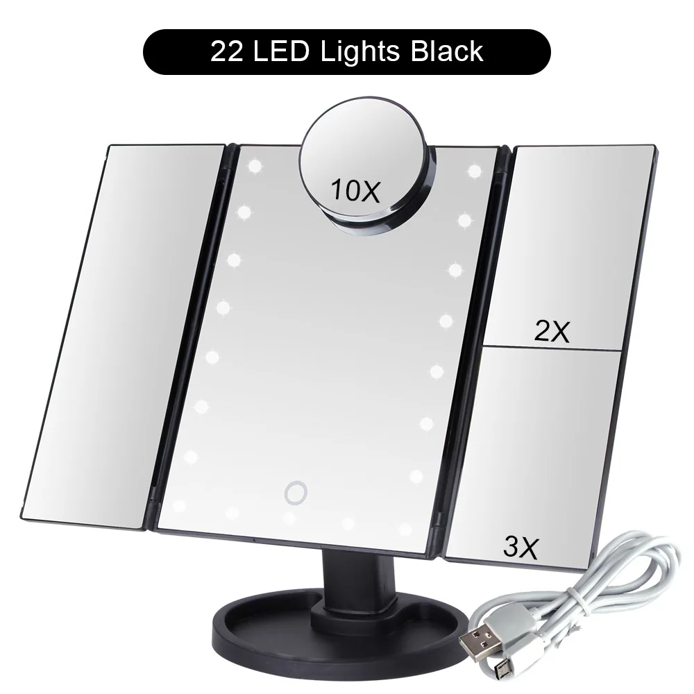 22 LED Lights Touch Screen Makeup Mirror Flexible Cosmetic Vanity Mirror 1X/2X/3X/10X Magnifying Bright Glass Adjustable Table - Цвет: BK 22 Light Set C