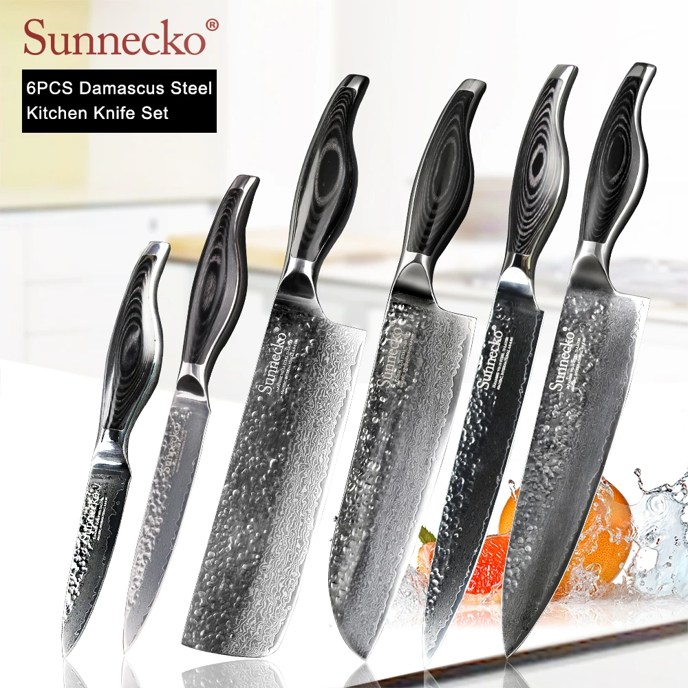 

SUNNECKO 6pcs Kitchen Knives Set Chef Utility Paring Santoku Slicing Knife Damascus Japanese VG10 Steel Blade Pakka Wood Handle
