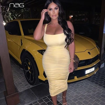 

NewAsia Backless Pleated Sexy Long Dress Women Neon Color Strap Ruched Bodycon Dress Sleeveless Dresses Party Night Club Clothes