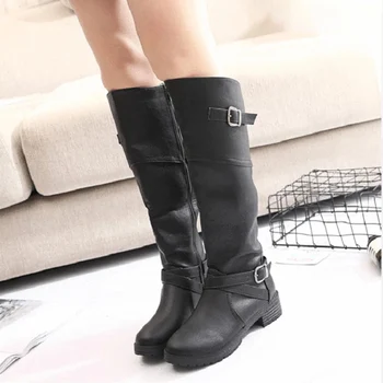 

Cowgirl Knee-High Riding Boots Women PU Leather Low Heel Warm Coldproof Booties EDF88