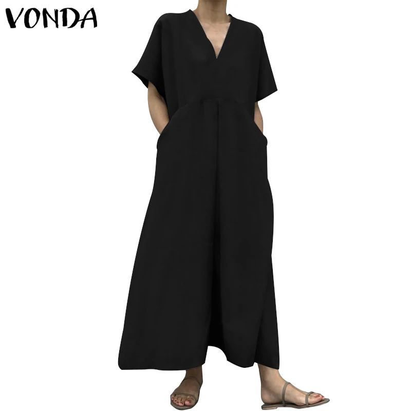 Женское длинное платье VONDA, винтажное повседневное Хлопковое платье макси, туника Vestidos, сексуальное однотонное платье с v-образным вырезом, женский сарафан размера плюс 5XL