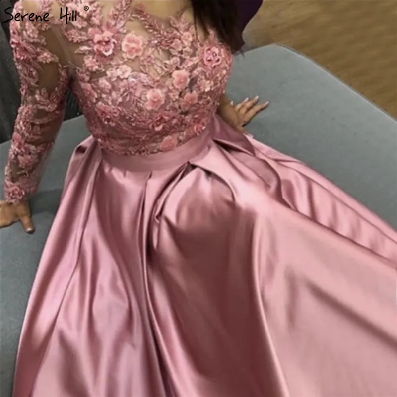 Розовые ручной работы Цветы o-образным вырезом платья выпускного вечера атласные Длинные рукава трапециевидной формы Длинные платья для выпускного бала Serene Хилл BLA70256
