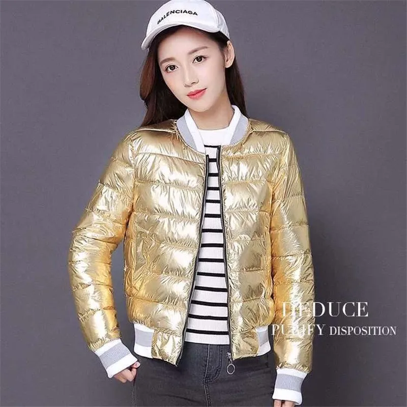 2019 Fashion Zipper Women Glossy Baseball Jacket Winter Down Parka Female College Jackets Bomber Jacket Coats Basic Outwear