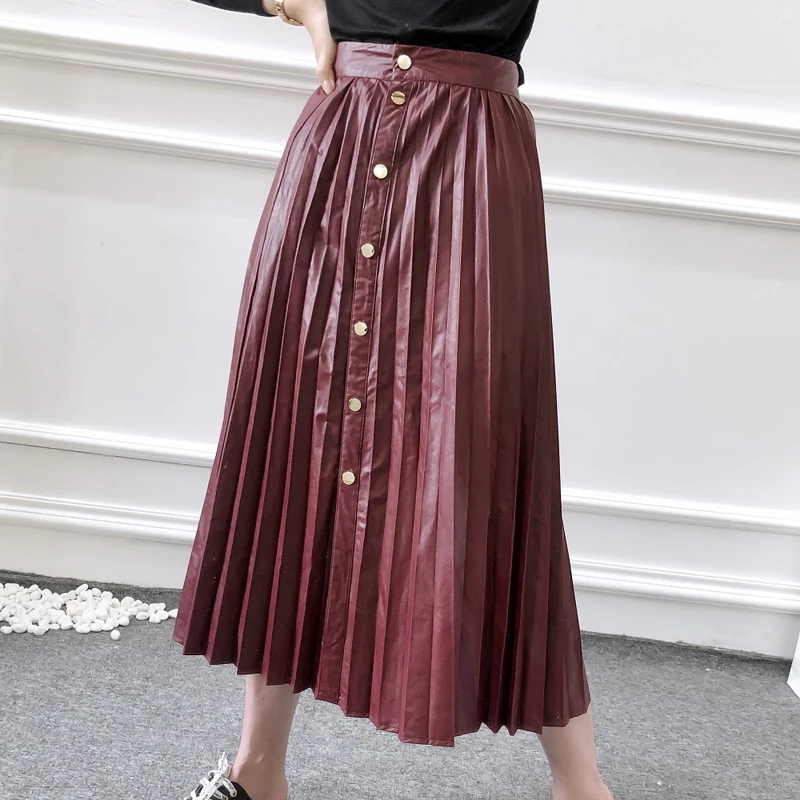 AGong Pleated Wine Red Skirts Women Fashion Buttons PU Leather Skirt Women Elegant Mid Calf Skirts Female Ladies JL