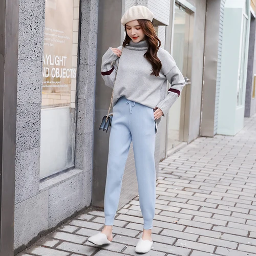 Knitted Harem Pants Women Drawstring Skinny Pants Mid Waist Trousers Pockets Knitted Striped Sweatpants Pantalon Femme 7285 50 - Цвет: Небесно-голубой