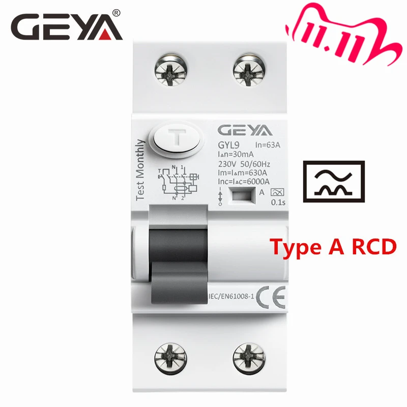 

GEYA Type A RCD Residual Current Circuit Breaker AC ELCB 2 Pole 40A 63A 30mA 100mA 300mA RCCB