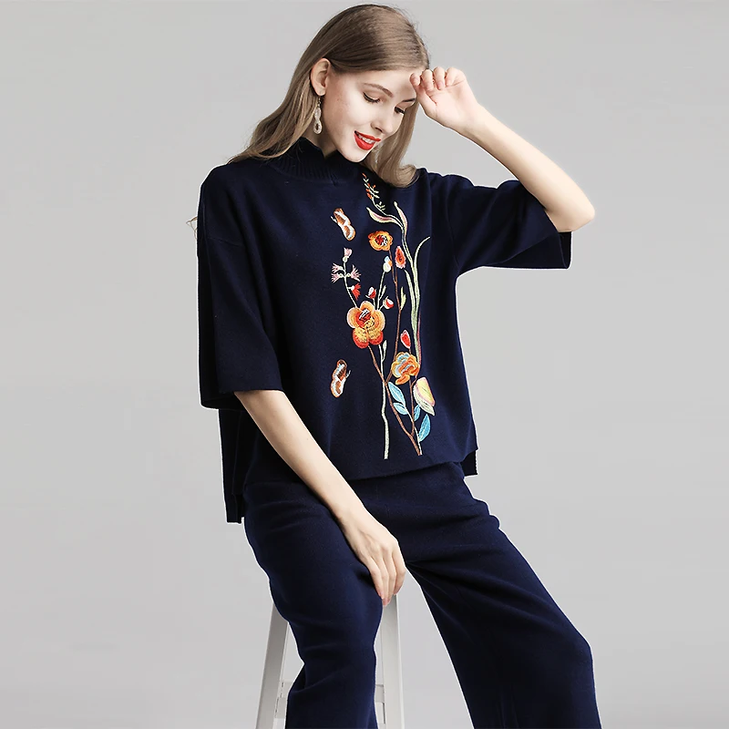 Осенне-зимний вязаный комплект из 2 предметов в китайском стиле с вышивкой, широкие штаны+ Топ, Женский комплект из двух предметов, M-L - Цвет: Тёмно-синий
