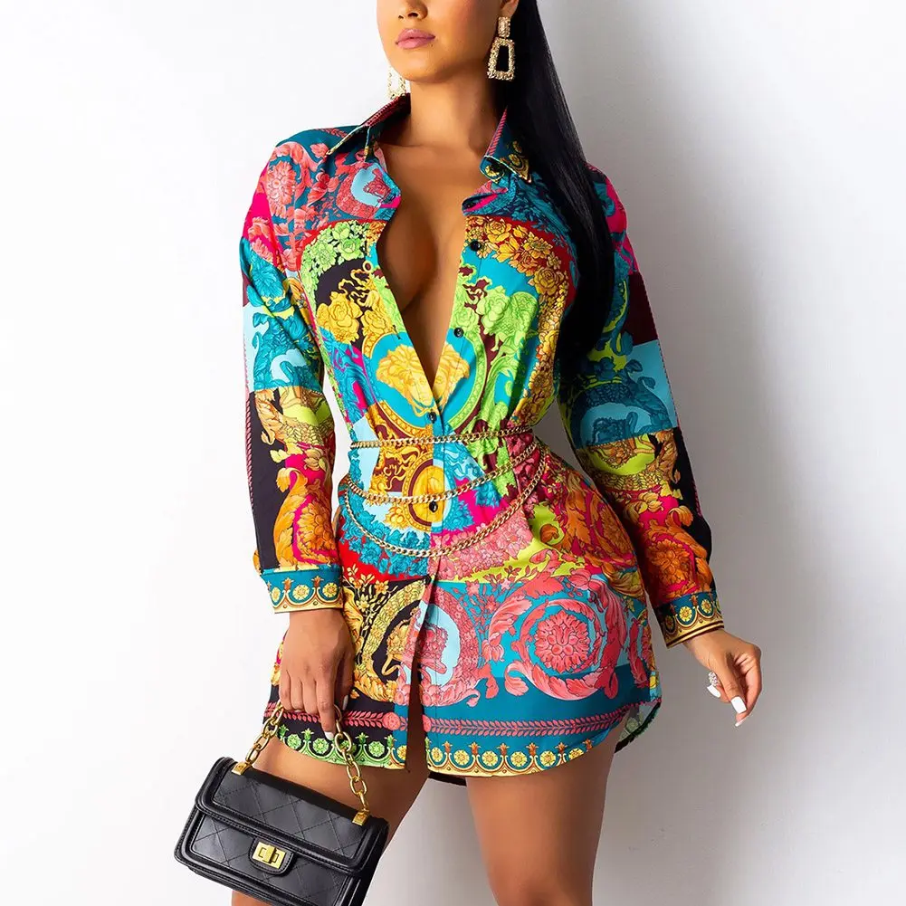 SUNGIFT Дашики женские африканские платья v-образный вырез длинный рукав рубашка юбка абстрактная лицевая Цветочная Печать Сексуальная