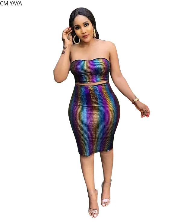 

Autumn Rainbow Stripe gradient Print Women's set crop Strapless top midi skirts suit two piece set sexy tracksuit outfit GL2021