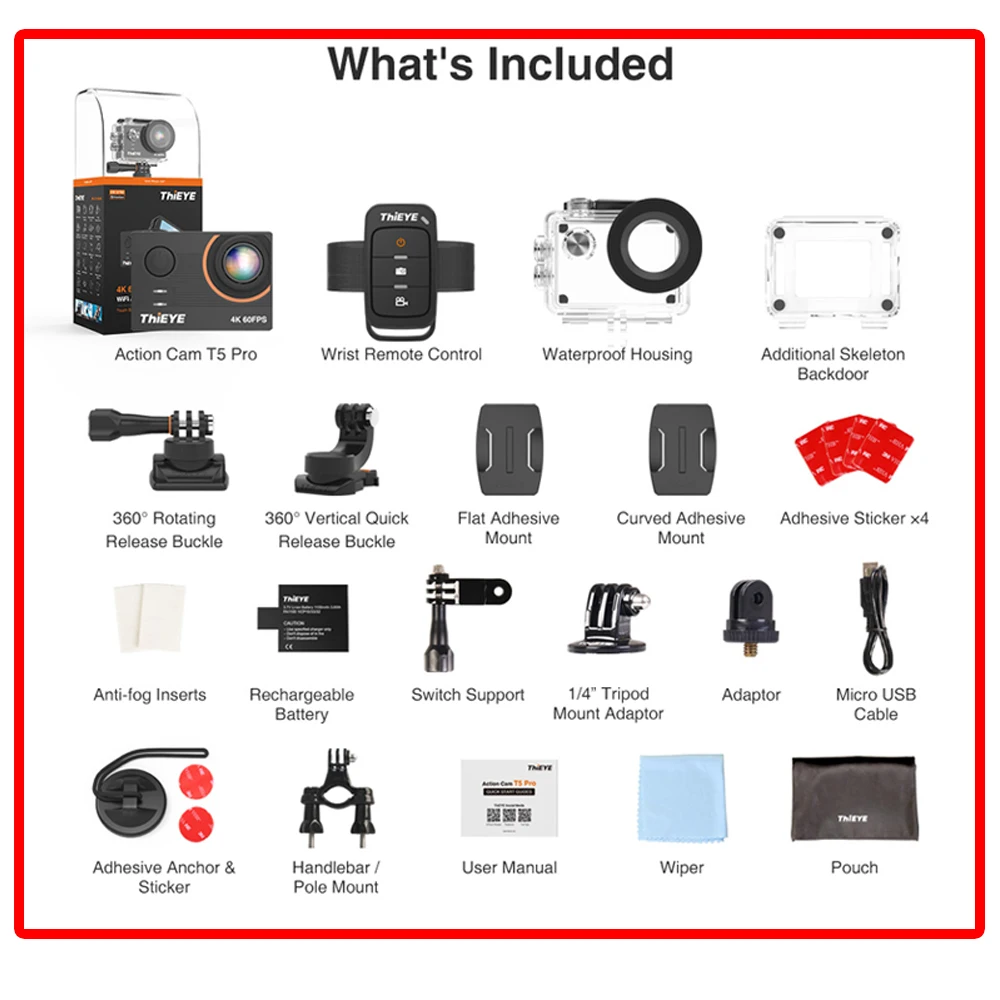 ThiEYE T5 Pro 4K action camera Высокое качество Real Ultra HD 60fps 2.0 "Сенсорный ЖК экран WiFi