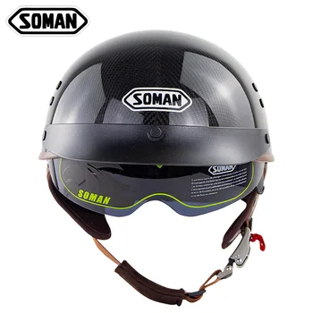 

Retro casco capacete moto Original Carbon Fiber Helmets Dot/GB Approved For Soman SM202 Half Face Motorcycle Helmet+Earmuffs