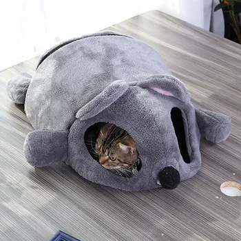 

HOT Cartoon Gray Mouse Cats Bed Winter Thickening Warm Windproof Pet Nest Cats House Winter Supplies TI99