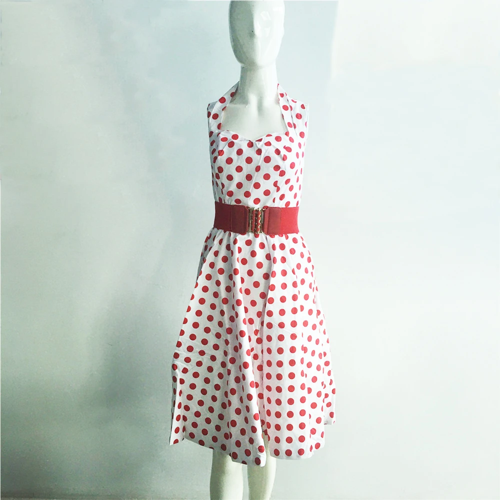 Женское винтажное платье с лямкой на шее белое в красный горошек поясом стиле