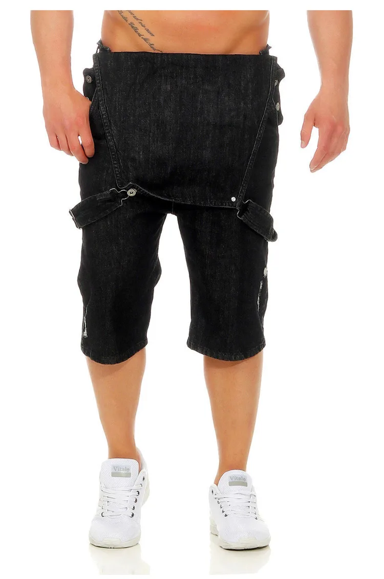 Men Denim Bib Overalls Shorts Ripped Jeans Jumpsuits Sleeveless Male Casual Working Protective Uniforms Summer Black Blue Safe (9)