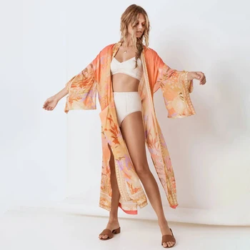 

2020 New Mermaid Printed Kimono Cardigan vintage Batwing Sleeve Long Outwear Summer Beach Loose Casual Cardigan Women Jackets