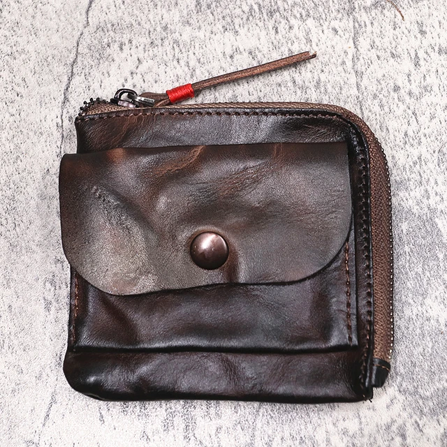 Cartera de genuino para hombre y mujer, monedero Vintage hecho a mano con cremallera, billetera pequeña y delgada, tarjetero bolsillo para monedas - AliExpress Maletas y bolsas