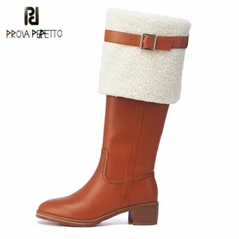 

Prova Perfetto Elegant Genuine Leather Wool Warm Women Thigh High Boots Non-Slip Round Toe Slip-on Square Heel Vulcanized Shoes