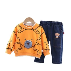 Roupas infantis de algodão para primavera, camisetas e calças de desenho animado para meninos e meninas, vestuário infantil de outono