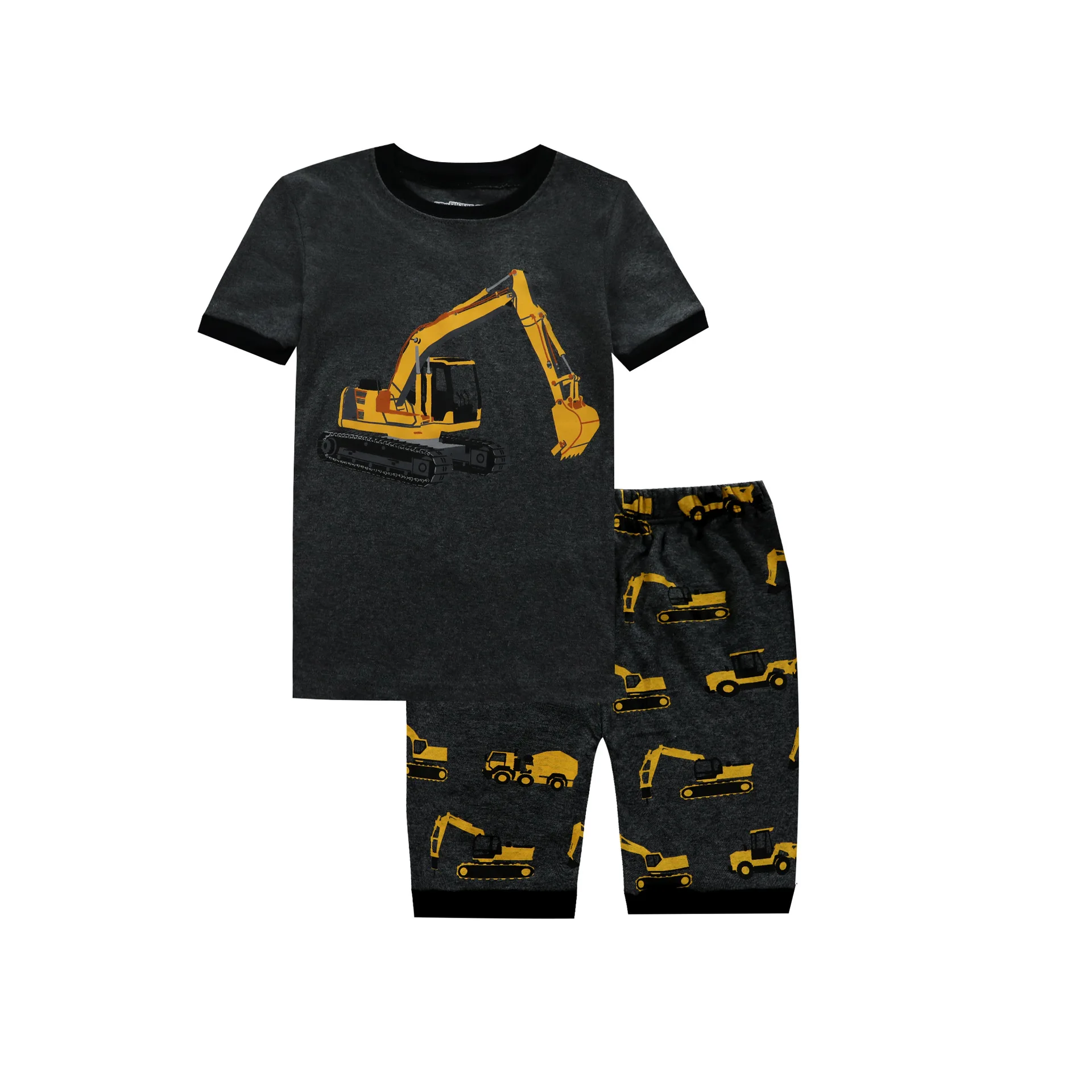 

2019 New Style Shelves Short Sleeve Shorts Summer Children Homewear Set Black Background Excavator Tops Pants