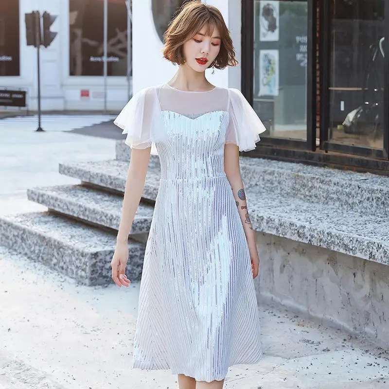 Изысканное блестящее вечернее платье Qipao, элегантное белое Сетчатое свадебное платье с рукавом для невесты, сексуальное женское платье - Цвет: White