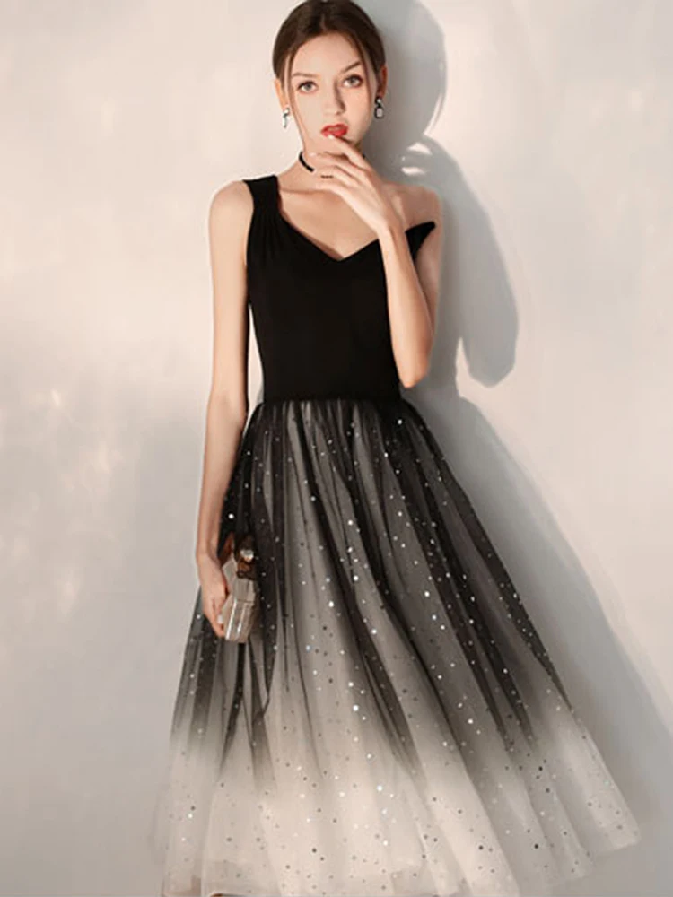 Skyyue Cocktail Dress One Shoulder Sleeveless Sequined Black Cocktail Dress Pleat Knee-Length Crepe Robe Cocktail Gown E707