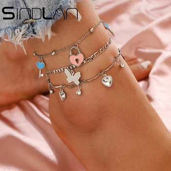 

Sindlan 3PCs Sliver Lock&Keys Ankle Bracelets Set for Women Simple Butterfly Heart Pattern with Rhinestones Fashion Feet Jewelry